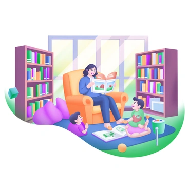 A cozy public library filled with wooden bookshelves lined with colorful books. In the center, a librarian sits in an oversized armchair, surrounded by children sitting on a soft rug. The librarian is animatedly reading from a large picture book, while the children are engaged, with wide eyes and smiles. Sunlight streams in through the large windows, illuminating the room and creating a warm atmosphere. Various toys and cushions are scattered around, and a small table nearby holds art supplies for the children to use after the story.