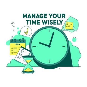 A teal clock with bold black hands is prominently displayed at the center of the image. Surrounding the clock are various icons representing time management, such as a yellow calendar page with a marked date, a yellow checklist with several items ticked off, and a teal hourglass with sand flowing steadily. The background features a gradient of teal and yellow, creating a dynamic atmosphere that enhances the theme of productivity. Above the clock, in clear letters, are the words "Manage Your Time Wisely." The overall layout is organized, conveying a sense of structure and efficiency.