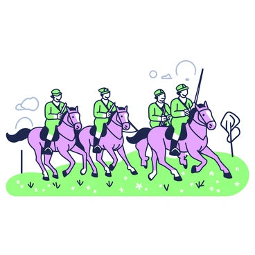 A group of cavalry soldiers is charging across a grassy field on horseback. Each soldier is wearing a uniform with distinct insignia, and they are equipped with swords held high. The horses are in various poses, some with their manes flowing in the wind as they gallop forward. The grassy field is dotted with wildflowers, and the soldiers' expressions show determination. In the background, there are a few trees lining the edge of the field, adding depth to the scene. The sky above is clear, allowing sunlight to illuminate the soldiers and their mounts.