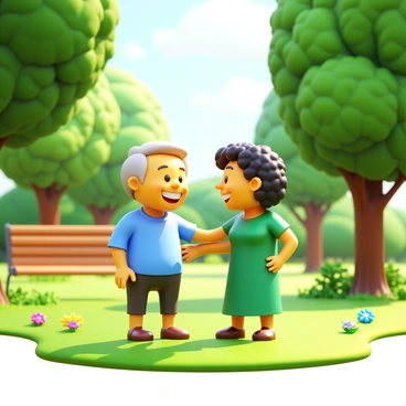 Two old friends standing in a sunlit park, smiling as they greet each other. One friend has short brown hair and is wearing a light blue shirt, while the other has curly black hair and is dressed in a green dress. They are surrounded by lush green trees, with sunlight filtering through the leaves and casting playful shadows on the grass. There are colorful flowers scattered around, and a wooden bench is visible in the background. A gentle breeze causes the leaves to rustle softly.