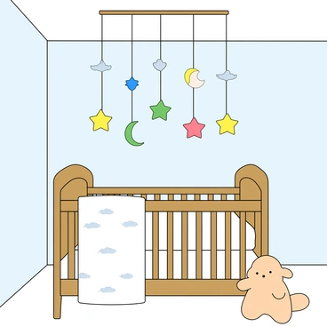 A whimsical mobile with colorful stars and crescent moons hanging from delicate strings above a cozy baby's crib. The stars are painted in bright shades of yellow, blue, and pink, while the moons have a soft, pastel appearance. The mobile is gently swaying, creating a light and playful atmosphere in the nursery. Below, the crib is adorned with a soft white blanket featuring tiny cloud patterns, and a plush stuffed animal sits in the corner, adding to the charming scene. The walls of the room are painted a light shade of blue, enhancing the serene environment.