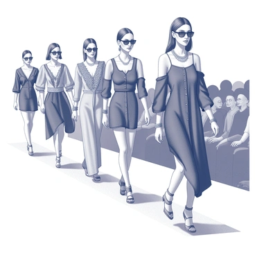 A runway scene featuring several models walking down the catwalk. Each model is wearing a unique denim blouse with distinct designs and cuts. The blouses vary in style, showcasing features like ruffles, oversized sleeves, and asymmetrical hems. Each model complements their outfit with various accessories, including statement necklaces, oversized sunglasses, and layered bracelets. The runway is illuminated, highlighting the details of the denim textures and the individuality of each look. The audience is visible in the background, focused on the models as they showcase the collection.
