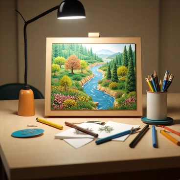 A small illustration board placed on a wooden table. The board is filled with intricate and detailed artwork featuring a vibrant landscape. Various colors are used, showcasing trees, flowers, and a flowing river. The table has a smooth surface, and there are art supplies like colored pencils and brushes scattered around it. A warm light illuminates the scene, highlighting the textures of both the artwork and the table.