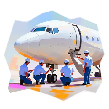 A team of four maintenance crew members, all wearing blue uniforms and safety helmets, is gathered around the landing gear of a Boeing 727 aircraft. The aircraft is parked on a tarmac, and the sunlight reflects off its shiny fuselage. Two crew members are kneeling beside the left landing gear, examining it closely with tools in hand. Another crew member is standing, holding a clipboard and taking notes, while the fourth member is pointing at a specific part of the landing gear. The scene conveys a sense of teamwork and diligence in maintaining aviation safety.