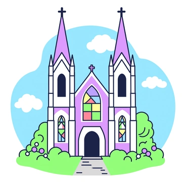 A picturesque church stands prominently in the center of the image. It features tall spires and intricate architectural details. The church has several stained glass windows displaying various colorful designs. The bright blue sky fills the background, with a few fluffy clouds scattered throughout. In front of the church, there is a well-maintained garden with blooming flowers and lush green grass. A stone pathway leads up to the entrance, inviting visitors to admire the structure.