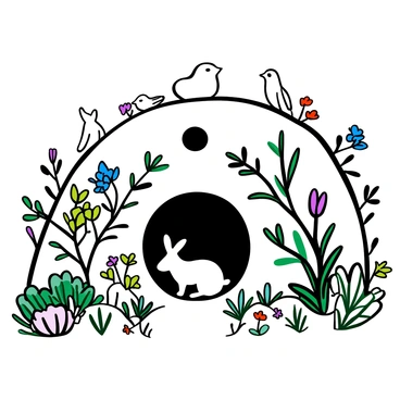 A round door with a circular window is set into a grassy hillside, representing a "hobbit hole." The entrance is framed by colorful flowers and lush greenery. Several rabbits are seen hopping around the entrance, while a variety of birds are perched on nearby branches and fluttering in the air. Small bushes and patches of wildflowers add to the natural environment surrounding the hobbit hole.