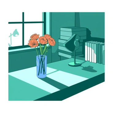A teal study room filled with various objects casting distinct shadows. On a table, there is a blue glass vase containing vibrant orange flowers. Sunlight streams through a nearby window, creating sharp contrasts and elongated shadows of the objects on the table. In the background, a collection of books with white covers is stacked, adding depth to the setting. A small teal lamp sits on the desk, its light enhancing the play of light and shadow across the room.