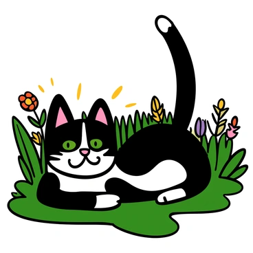 A black-and-white cat with striking green eyes is lying on a sunny patch of grass, its ears perked up and whiskers twitching. The cat has a sleek and agile posture, with a hint of a playful smirk on its face, showcasing its confidence. Its tail is raised high, indicating excitement and fantasy. Surrounding the cat are illustrations of jungle elements like lush green leaves, vibrant flowers, and distant silhouettes of exotic animals. The cat is staring intently, as if envisioning itself as a fierce jungle predator, ready to pounce.
