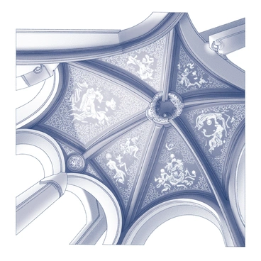 A view of a church ceiling featuring elaborate frescoes. The ceiling is adorned with a variety of detailed designs, including ornate patterns and figures. The artwork displays biblical scenes and celestial motifs, all meticulously painted and intricately designed. The architectural elements of the ceiling include wooden beams and arches that frame the frescoes, enhancing the grandeur of the interior space. Shadows and highlights play across the surfaces, adding depth to the intricate artwork.