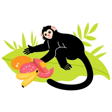 A gibbon with dark fur and a playful expression is sitting on a large green leaf. The gibbon is reaching for a variety of tropical fruits, including bright orange mangos, yellow bananas, and red papayas, all spread around on the leaf. The scene is vibrant and filled with colors, showcasing the rich hues of the fruits against the lush green of the leaf. The background features hints of jungle foliage, adding to the tropical atmosphere.