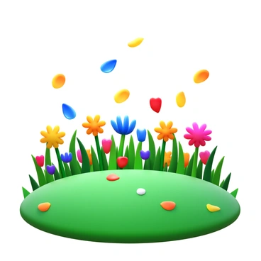 "Flower petals" in various colors are floating in the air. The petals are "gently forming words" that are visible in the breeze. The setting is a "meadow" filled with lush green grass and an assortment of "wildflowers" in the background. The scene captures a sense of movement as the petals interact with the light breeze, creating an enchanting atmosphere.