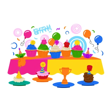 A vibrant dessert table filled with an assortment of sweet treats, featuring dart-themed cupcake toppers. The table is covered with a bright, checkered tablecloth in various colors. Each cupcake is topped with a unique dart design, showcasing intricate details in bright hues. Behind the cupcakes, there are balloons in the shape of darts and colorful streamers hanging from above. The backdrop is a playful combination of target designs and dartboards, enhancing the festive atmosphere. Small plates with party hats and mini trophies are also placed on the table, adding to the celebration theme.
