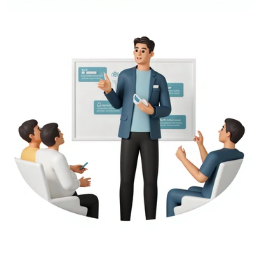 A team member, wearing a navy blue blazer, light blue shirt, and black trousers, stands confidently in front of a small audience. The audience consists of three individuals, two men and one woman, who are seated and attentively focused on the presenter. The presenter is holding a sleek, modern gadget in one hand, with the other hand gesturing towards the product. The setting is bright and well-lit, with a large screen behind the presenter displaying the product's features and benefits. The audience members are engaged, with one man taking notes and the woman nodding in approval.