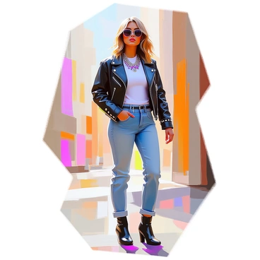 An illustration of a fashionable outfit inspired by a celebrity. The outfit consists of a sleek black leather jacket over a fitted white t-shirt. The jacket features silver studs and zippers, adding a bold touch. The ensemble includes tailored high-waisted jeans and ankle boots with a pointed toe. The model stands confidently with one hand on her hip, exuding attitude. She wears oversized sunglasses and a statement necklace with large gemstones. Her hair is styled in loose waves, complementing the chic look. The background features a subtle urban setting, emphasizing the modern vibe of the outfit.