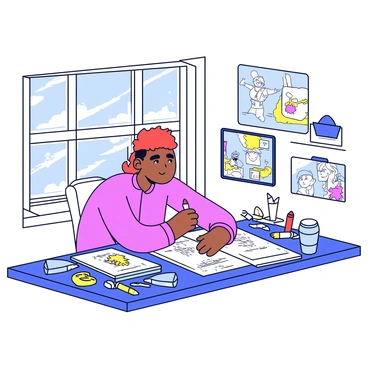 An illustration expert focused on creating a comic book. The expert is seated at a desk, with concentrated facial features and a pencil in hand. Surrounding the desk are several sketchboards displaying character designs and story panels in various stages of completion. The workspace is organized, with markers, erasers, and reference images scattered around. A window in the background allows light to fill the room, illuminating the creative chaos of the artist's environment.