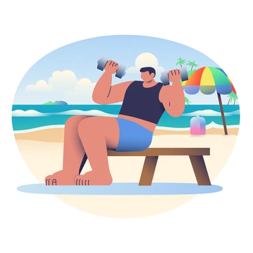 A person with tan skin and short, dark hair is performing a dumbbell bench press on a makeshift bench made of wooden planks at a scenic beach. The person is wearing a fitted black tank top and blue shorts. They are holding two silver dumbbells, one in each hand, with their arms extended above their chest. The background features a bright blue sky with a few fluffy white clouds, and the ocean waves are gently lapping at the sandy shore. In the distance, there are a few palm trees swaying in the breeze, and a colorful beach umbrella is set up nearby.
