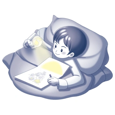 A child is lying in bed, surrounded by soft, rumpled blankets. The child is partially hidden under the covers, with only their head visible. They are focused on a piece of paper resting on their lap. A beam of light from a flashlight held in one hand creates a bright area on the page, illuminating the drawings. The child's other hand is holding a pencil, poised above the paper, ready to add more details to their artwork. The atmosphere is cozy, with the flashlight casting shadows across the blankets and the child's face.