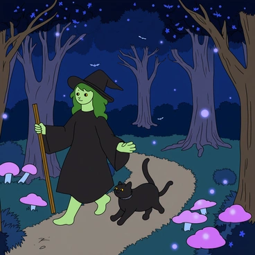 Meg, a cartoon witch with green skin, wears a flowing black dress and a pointed hat. She walks alongside Mog, a playful black cat with large yellow eyes. The two are strolling on a winding path through a dense, enchanted forest filled with tall, twisted trees that have luminescent blue and purple leaves. Glowing mushrooms are scattered across the forest floor, casting a soft light. In the background, there are faint silhouettes of bats flying in the night sky. Meg holds a wooden broomstick in one hand, while Mog playfully bats at a glowing orb floating nearby. The atmosphere is filled with whimsical energy, enhancing the adventurous tone of their journey.