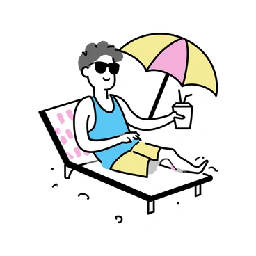 A man with sunglasses and a relaxed expression is lounging on a striped beach chair. He has short hair and is wearing a light blue tank top and beige shorts. A vibrant, multi-colored umbrella is providing shade above him. In his hand, he holds a coconut drink with a straw and a small umbrella. The sand around him is smooth and light, creating a calm beach atmosphere.