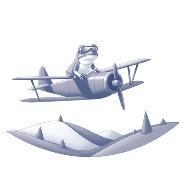 A frog wearing "aviator goggles" is seated in the cockpit of a "small biplane." The biplane features two wings stacked one above the other and has a distinct propeller at the front. Below the aircraft, there are "rolling hills" that create a gentle, undulating landscape. The hills are covered in patches of grass and have a few scattered trees. The scene captures the moment as the biplane soars through the sky, showcasing the frog's adventurous spirit.