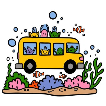 A colorful school bus filled with cartoon sardines, each with cheerful expressions, is driving through an underwater landscape. The bus is bright yellow with large windows, and the sardines are peeking out, some waving their fins. Surrounding the bus, there are vibrant coral reefs and playful sea creatures, such as a smiling octopus and a group of curious clownfish swimming nearby. Bubbles are rising from the bus, creating a lively atmosphere under the sea.