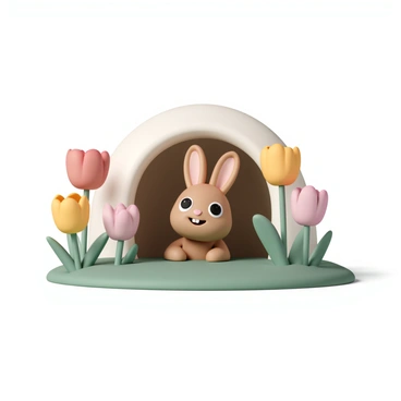 A small, fluffy brown bunny with large, expressive eyes is peering out from its burrow. Its ears are perked up, displaying curiosity as it looks around. The burrow entrance is framed by vibrant blooming tulips in various colors, including red, yellow, and pink. The tulips stand tall and bright in the foreground, creating a lively garden atmosphere. Soft green grass surrounds the burrow, adding to the natural setting.