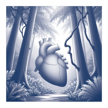 A dense jungle scene with trees and vines forming the outline of the aorta
