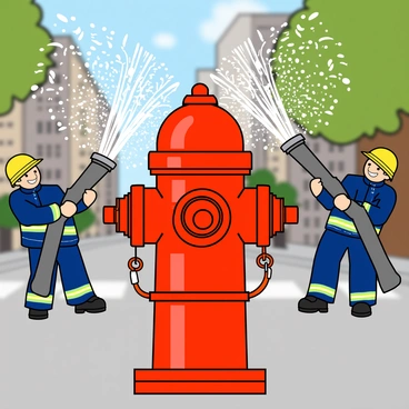A bright red fire hydrant prominently positioned in the foreground. Several firefighters, wearing yellow helmets and blue uniforms, are actively using large hoses connected to the hydrant. Water is gushing out in all directions, creating splashes and droplets that sparkle in the light. The scene is lively, filled with dynamic movement as the firefighters work together. The background features a city street with a blurred view of buildings and trees, indicating a vibrant urban environment.