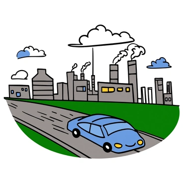 A sleek, modern car in a deep blue color is driving away on a highway, leaving a trail of dust behind it. The car has shiny wheels and its headlights are turned on. In the background, a vast industrial landscape is visible, featuring several large factories with tall smokestacks that are releasing smoke into the sky. The factories are composed of gray metal structures with large windows and various pipes visibly connected. The sky above is partly cloudy, adding texture to the scene, while green grass lines the sides of the highway.