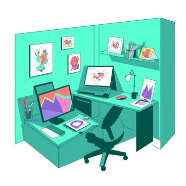 A teal corner of the department dedicated to digital art creation, featuring three sleek computers with large screens displaying vibrant artwork. There are two drawing tablets on the desks, one with a stylus resting on top, and the other showing a partially completed illustration. The walls are adorned with colorful prints of digital art, and a soft white light illuminates the area, creating a bright and inviting workspace. Several art supplies, including colored pens and sketchbooks, are neatly organized on a shelf nearby.