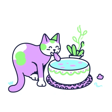 A curious cat with distinct fur patterns is leaning towards a decorative bowl filled with water. The bowl features intricate designs along the edges. The cat's ears are perked up as it extends its tongue into the water, creating small ripples. There are colorful reflections shimmering on the surface of the water. The setting includes a textured rug beneath the bowl, and a small potted plant can be seen in the background, adding detail to the scene.