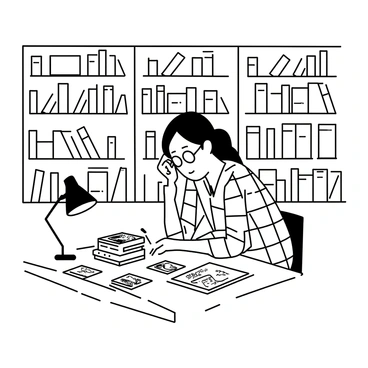 A cartoonist sitting at a wooden table in a library, deeply focused on a stack of books and scattered sketches. The cartoonist is wearing a plaid shirt and round glasses, with a pencil in hand, furrowing their brow in concentration. Around them, there are tall shelves filled with books, some open and others stacked haphazardly. A few sketches of characters and scenes are spread out on the table, showcasing different styles and ideas. A reading lamp casts a warm glow, illuminating the workspace amid the shadows of the library.
