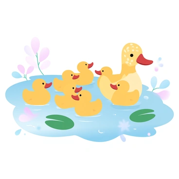 A duckling with unique plumage is standing apart from its siblings on a pond. The duckling is smaller than the others, with distinct patterns on its feathers that set it apart. Surrounding the duckling are several other yellow ducklings swimming closely together. The pond has gentle ripples reflecting soft pastel gradient colors in the water. Green lily pads float nearby, and there are a few delicate flowers blooming along the pond's edge.
