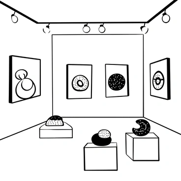 An art gallery displaying paintings of different types of buns