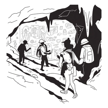 A group of adventurers wearing helmets with headlamps is navigating through the ancient caves of Jharkhand. They are positioned near large stalactites hanging from the cave ceiling, which are glistening under their lights. The walls of the cave are adorned with ancient cave paintings depicting various animals and human figures, reflecting the history of the area. One adventurer is examining a painting closely, while another is taking notes. Shadows play across the cave walls, enhancing the mysterious atmosphere of the exploration.