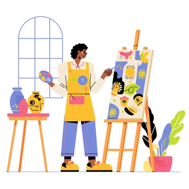 An artist standing in a bright, spacious studio, holding a paintbrush in one hand and a palette in the other. The artist, with long curly hair and wearing a colorful apron, is focused on a large canvas. The canvas features a vibrant mix of patterns, including geometric shapes inspired by African art, swirling motifs reminiscent of Middle Eastern designs, and floral elements from Asian cultures. Nearby, various cultural artifacts such as a Japanese ceramic vase and an African mask are displayed on a wooden table, adding to the creative atmosphere of the studio. Bright sunlight streams through a large window, illuminating the scene.