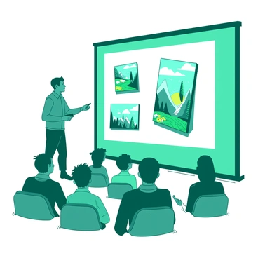 A teal profile illustration of a famous illustrator is showcased in front of a white projection screen displaying several of their artworks. The illustrator is standing confidently at the lectern, holding a remote control in one hand while gesturing towards the images on display. The audience, consisting of various enthusiastic individuals, is seated and attentively watching the presentation. The artworks on the screen include colorful illustrations that capture the illustrator's unique style, featuring vibrant characters and imaginative landscapes.
