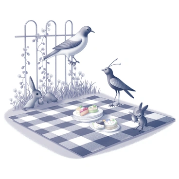 A colombe, depicted with elegant features and poised wings, is perched on a trellis adorned with climbing vines. Next to her, an ant, small yet vibrant, stands on a checkered picnic blanket. The blanket is spread across lush grass, surrounded by various garden flowers. On the blanket, an array of tiny treats is carefully arranged, including miniature cakes and sandwiches. Nearby, small woodland creatures gather around, including a rabbit and a squirrel, all with eager expressions. The atmosphere is lively with the anticipation of a joyful gathering.
