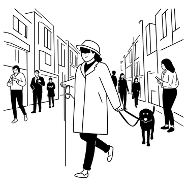 A blind person walking confidently along a bustling city street, holding onto a harness attached to a guide dog. The person is dressed in a long coat and a hat, with a cane in the other hand. The guide dog, a Labrador, is attentive and alert, leading the way. Surrounding them are tall buildings with various shop signs, and people walking past, some looking at their phones. The scene depicts a dynamic urban environment with a busy atmosphere.