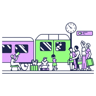 A train is arriving at a station, with bright headlights illuminating the platform. The train has several carriages, each decorated with windows showing reflections. Passengers are gathered on the platform, some holding luggage and others looking towards the train in excitement. A child stands on tiptoe, peering over the crowd. An elderly couple is sitting on a bench nearby, while a group of friends is taking selfies in front of the train. The station has a large clock on the wall, with the time clearly visible.