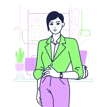 A woman with a chic pixie cut hairstyle is standing confidently. She is wearing a stylish, tailored suit that fits her perfectly, with a fitted blazer and sleek trousers. The blazer is unbuttoned, revealing a crisp white blouse underneath. She has a serious expression as she gazes directly at the viewer. Her hands are placed on her hips, accentuating her poised stature. In the background, there are hints of an elegant office environment with soft lighting and a hint of decor, complementing her professional appearance.