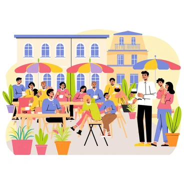 A vibrant outdoor terrace of a Belgrade cafe filled with people enjoying coffee. The terrace features wooden tables with colorful umbrellas providing shade. Several people are seated, engaged in conversation, some smiling while holding cups of coffee. A waiter in a white shirt serves drinks to a couple at a nearby table. Potted plants and flowers add splashes of color around the terrace. In the background, a charming building with balconies showcases the architectural style typical of Belgrade. The atmosphere is lively and inviting, reflecting a sunny day.
