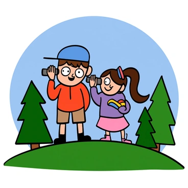 Dipper and Mabel, two children with big eyes, are standing side by side on a grassy hilltop. Dipper has short brown hair and is wearing a blue cap, a red hoodie, and beige shorts. He is holding a pair of binoculars up to his eyes, looking intently at the horizon. Mabel has long brown hair styled in pigtails, adorned with a colorful headband. She is wearing a bright purple sweater with a rainbow on it and a pink skirt, also holding binoculars. Both children are smiling with excitement as they scan the horizon, surrounded by tall trees and a clear blue sky, conveying a sense of adventure and curiosity.