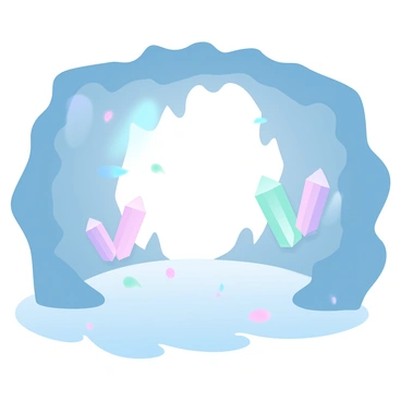 A cave interior is filled with an array of sparkling crystals in various hues such as blue, pink, and green. The crystals are protruding from the walls and ceiling, reflecting light in different directions. The floor of the cave is uneven, scattered with smaller crystal shards that catch the light. A gentle glow emanates from the larger crystals, casting colorful shadows across the rocky surfaces. The cave's entrance is slightly visible in the background, framed by jagged rock formations.