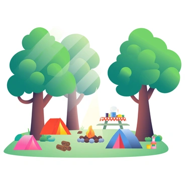 A camping site is set under the shade of towering green trees with thick trunks and a lush canopy. There are several colorful tents scattered across the grassy ground, with two red tents and one blue tent prominently placed. A small campfire is located in the center, with logs arranged around it for seating. Nearby, a picnic table is visible, adorned with a checkered tablecloth and various camping gear. Sunlight filters through the leaves, creating a dappled effect on the ground, enhancing the vibrant atmosphere of the scene.