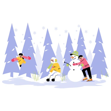 A snowy landscape filled with tall trees covered in white snow. Several children are seen playing hide-and-seek among the trees. One child is peeking from behind a large tree with bright red mittens, while another child is crouched down, hiding behind a snowman. The atmosphere is lively, filled with the children's laughter and excitement. Snowflakes are gently falling from the sky, adding to the winter scene.
