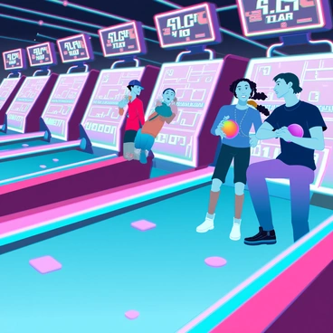 A brightly lit arcade filled with excitement. In the foreground, a row of skee-ball lanes is lined up, each lane marked with colorful graphics and illuminated with vibrant lights. Several players of different ages and backgrounds are enthusiastically tossing balls down the lanes. One player, a young boy with a baseball cap, focuses intently as he prepares to roll his ball. Another player, a teenage girl with braided hair, cheers for her friend while holding a handful of tokens. Above the lanes, electronic scoreboards display the players' scores in bold, digital numbers. Brightly colored tokens are scattered on the floor, and the sound of balls rolling and cheerful chatter fills the air.