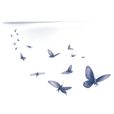A vast sky populated with numerous butterflies in flight. The butterflies are in various poses, some soaring high while others are closer to the ground, all moving in a unified direction towards a distant horizon. The scene captures the delicate shapes and patterns of the butterflies' wings, showcasing their intricate details. In the background, the horizon appears expansive and slightly hazy, suggesting a journey that extends far beyond the immediate view.