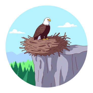 A white bald eagle is perched proudly in its large nest made of twigs and branches, situated high atop a rugged cliff. The cliff is composed of grey stone, and the eagle's sharp eyes scan the surroundings. Below the nest, a lush green forest stretches out, with trees varying in size. The sky above is clear, painted in a soft blue hue, and a few wispy clouds float gently. The eagle's feathers glisten in the sunlight, highlighting its majestic presence against the natural backdrop.