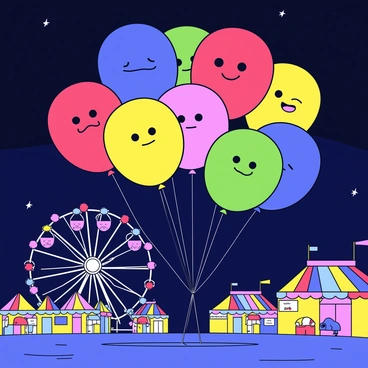 A variety of balloons with cheerful faces in different colors, including red, blue, yellow, and green, are bouncing in the air. The balloons have large eyes and wide smiles, giving them a playful expression. They are set against a nighttime carnival scene filled with bright lights from various carnival rides and attractions. In the background, a Ferris wheel is illuminated with colorful lights, and small stands with colorful canopies are visible. The night sky is dark, providing a strong contrast to the vibrant colors of the balloons and the carnival atmosphere.